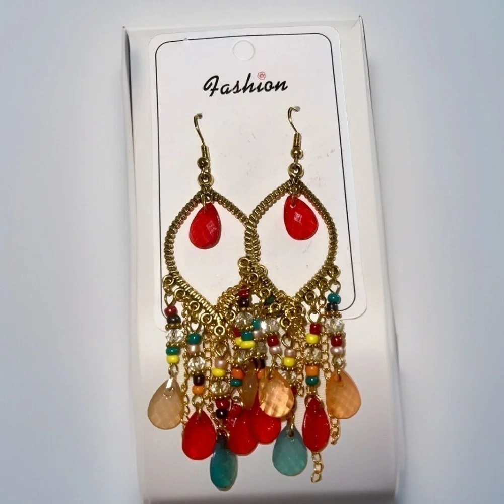 Bohemian Style Water Drop Shaped Bead Earrings With Tassel Fringes For Women - Picture 4 of 4